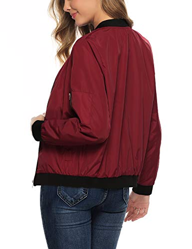 Aibrou Chaqueta Bomber Mujer,Cazadora Moto Jacket Mujer,Casual Uniforme Beisbol con Cremallera,Jacket Bomber Style (Vino Rojo, XXL)