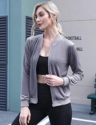 Aibrou Chaqueta Chándal Terciopelo para Mujer,Sudadera Terciopelo con Cremallera,Abrigo Deportiva de Manga Larga con Cuello Alto, Tops sin Sombrero,Corredores,Pijamas (Gris Oscuro, M)
