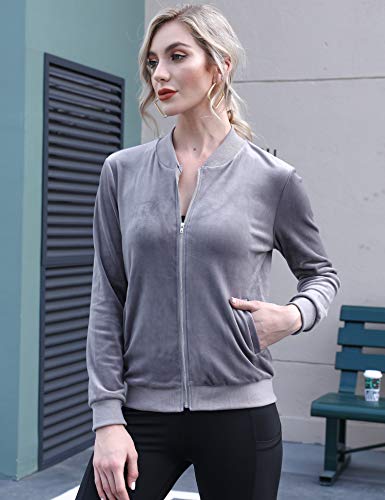 Aibrou Chaqueta Chándal Terciopelo para Mujer,Sudadera Terciopelo con Cremallera,Abrigo Deportiva de Manga Larga con Cuello Alto, Tops sin Sombrero,Corredores,Pijamas (Gris Oscuro, L)