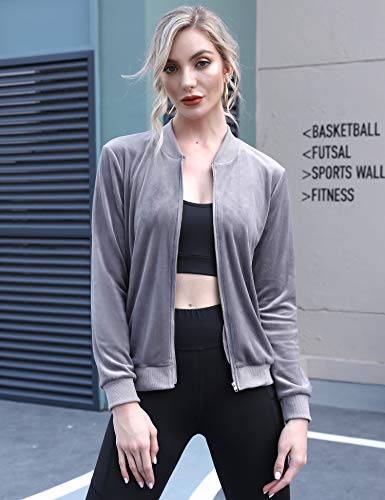 Aibrou Chaqueta Chándal Terciopelo para Mujer,Sudadera Terciopelo con Cremallera,Abrigo Deportiva de Manga Larga con Cuello Alto, Tops sin Sombrero,Corredores,Pijamas (Gris Oscuro, M)