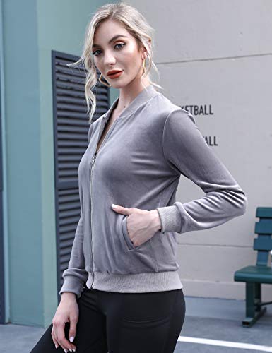 Aibrou Chaqueta Chándal Terciopelo para Mujer,Sudadera Terciopelo con Cremallera,Abrigo Deportiva de Manga Larga con Cuello Alto, Tops sin Sombrero,Corredores,Pijamas (Gris Oscuro, M)