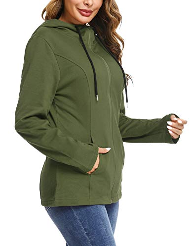 Aibrou Chaqueta Deporte con Cremallara y Capucha para Mujer,Chaqueta Chándal,Sudadera Algodon Manga Larga Abrigo con Bolsillo para Primavera,Otono,Invierno (Ejercito Verde, XL)
