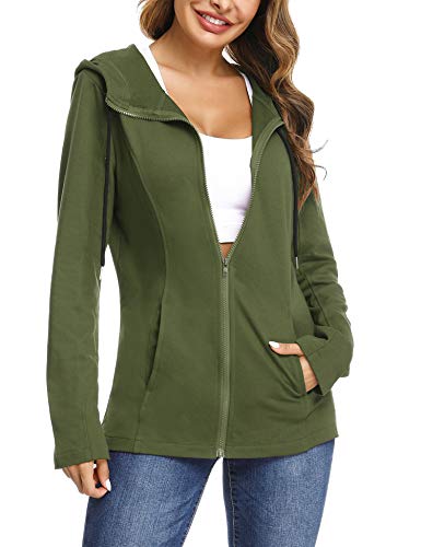 Aibrou Chaqueta Deporte con Cremallara y Capucha para Mujer,Chaqueta Chándal,Sudadera Algodon Manga Larga Abrigo con Bolsillo para Primavera,Otono,Invierno (Ejercito Verde, XL)