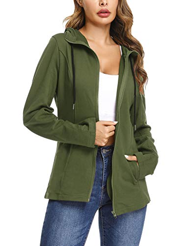 Aibrou Chaqueta Deporte con Cremallara y Capucha para Mujer,Chaqueta Chándal,Sudadera Algodon Manga Larga Abrigo con Bolsillo para Primavera,Otono,Invierno (Ejercito Verde, XL)