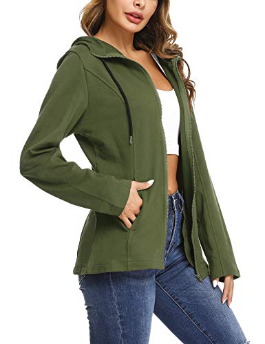 Aibrou Chaqueta Deporte con Cremallara y Capucha para Mujer,Chaqueta Chándal,Sudadera Algodon Manga Larga Abrigo con Bolsillo para Primavera,Otono,Invierno (Ejercito Verde, XL)