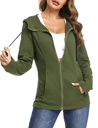 Aibrou Chaqueta Deporte con Cremallara y Capucha para Mujer,Chaqueta Chándal,Sudadera Algodon Manga Larga Abrigo con Bolsillo para Primavera,Otono,Invierno (Ejercito Verde, XL)
