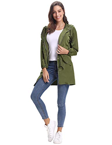 Aibrou Chaqueta Impermeable Mujer,Chaqueta Cortavientos Running Abrigo Impermeable con Capucha Chubasquero Impermeable Deportivo Chuvasqueros de Lluvia Primavera, Ejercito Verde, M