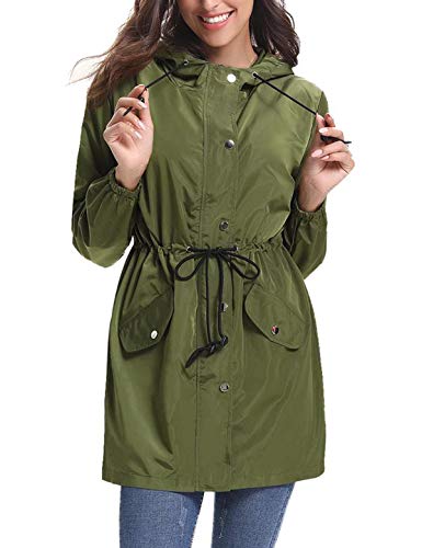 Aibrou Chaqueta Impermeable Mujer,Chaqueta Cortavientos Running Abrigo Impermeable con Capucha Chubasquero Impermeable Deportivo Chuvasqueros de Lluvia Primavera, Ejercito Verde, M