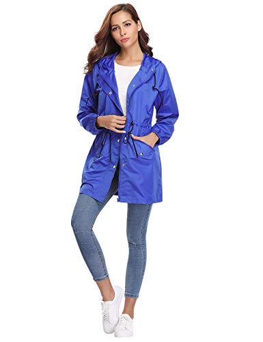 Aibrou Chaqueta Impermeable Mujer,Chaqueta Cortavientos Running Abrigo Impermeable con Capucha Chubasquero Impermeable Deportivo Chuvasqueros de Lluvia Primavera, Azul, L