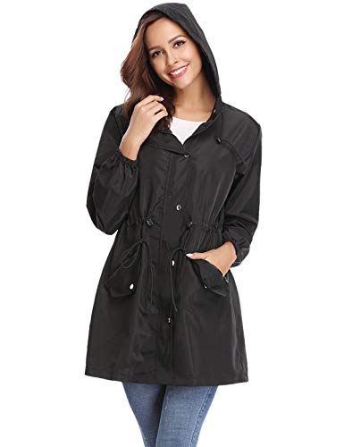 Aibrou Chaqueta Impermeable Mujer,Chaqueta Cortavientos Running Abrigo Impermeable con Capucha Chubasquero Impermeable Deportivo Chuvasqueros de Lluvia Primavera, Negro, L