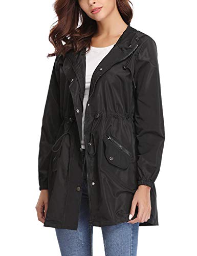 Aibrou Chaqueta Impermeable Mujer,Chaqueta Cortavientos Running Abrigo Impermeable con Capucha Chubasquero Impermeable Deportivo Chuvasqueros de Lluvia Primavera, Negro, L