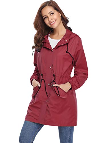 Aibrou Chaqueta Impermeable Mujer,Chaqueta Cortavientos Running Abrigo Impermeable con Capucha Chubasquero Impermeable Deportivo Chuvasqueros de Lluvia Primavera, Vino Tinto, S