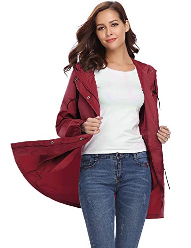 Aibrou Chaqueta Impermeable Mujer,Chaqueta Cortavientos Running Abrigo Impermeable con Capucha Chubasquero Impermeable Deportivo Chuvasqueros de Lluvia Primavera, Vino Tinto, S