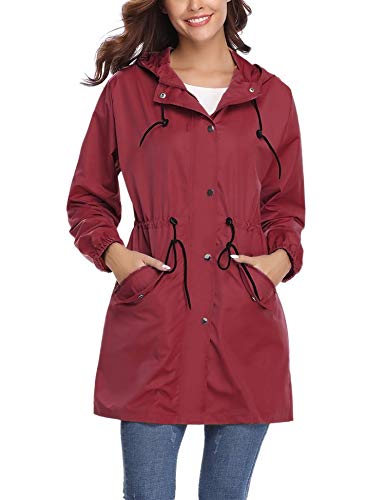 Aibrou Chaqueta Impermeable Mujer,Chaqueta Cortavientos Running Abrigo Impermeable con Capucha Chubasquero Impermeable Deportivo Chuvasqueros de Lluvia Primavera, Vino Tinto, S