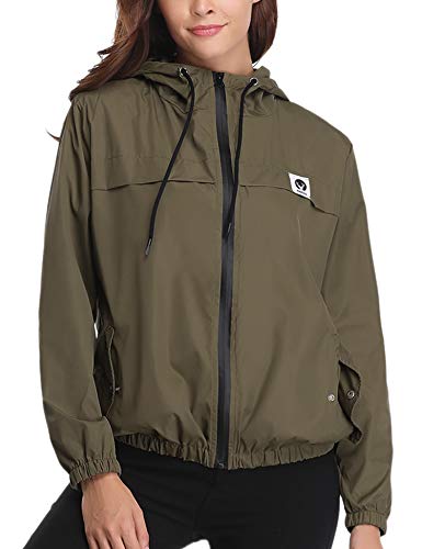 Aibrou Chubasquero Impermeable Deportivo para Mujer,Abrigo Impermeables con Capucha,Chuvasqueros de Lluvia Chaqueta Cortavientos Running  para Primavera, (Ejercito Verde, L)