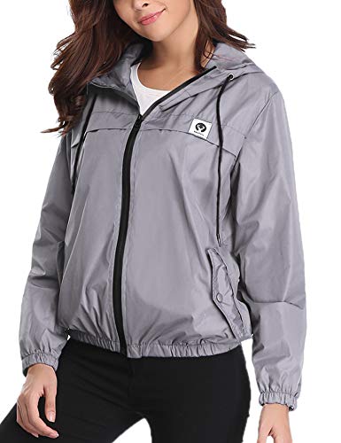 Aibrou Chubasquero Impermeable Deportivo para Mujer,Abrigo Impermeables con Capucha,Chuvasqueros de Lluvia Chaqueta Cortavientos Running  para Primavera, (Gris, L)