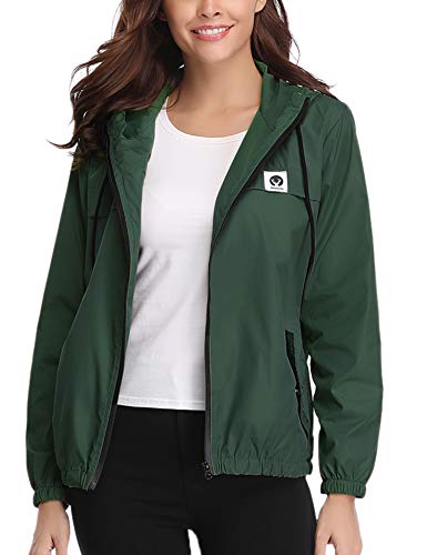 Aibrou Chubasquero Impermeable Deportivo para Mujer,Abrigo Impermeables con Capucha,Chuvasqueros de Lluvia Chaqueta Cortavientos Running  para Primavera, (Verde Oscuro, M)