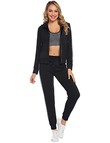 Aibrou Conjunto Chándal de Mujer,Grueso cálido Sudadera con Capucha,Cremallera Abrigo Deportivo de vellón,Pantalones con cordón,Trajes deportivos, pijamas （ Negro ， M ）