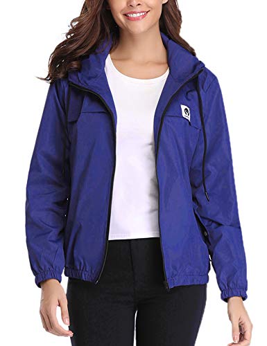 Aibrou Cortavientos Abrigos Impermeables con Capucha Ligera para Mujer,Chubasquero Deporte para al Aire Libre,Ropa de Secado Rápido Chaqueta de Viento e Impermeable, (Azul, S)