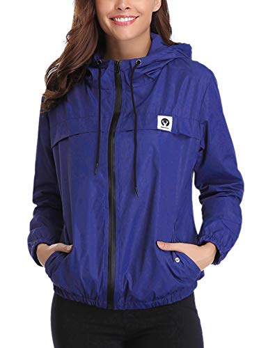 Aibrou Cortavientos Abrigos Impermeables con Capucha Ligera para Mujer,Chubasquero Deporte para al Aire Libre,Ropa de Secado Rápido Chaqueta de Viento e Impermeable, (Azul, S)