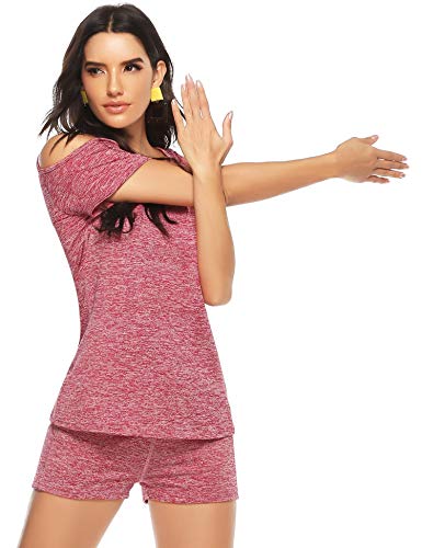 Aibrou Mujer Conjunto de ropa deportiva Secado rápido Top y pantalones cortos Chandal 2 piezas ropa de fitness para Gimnasio Yoga de entrenamiento (Vino tinto XL)
