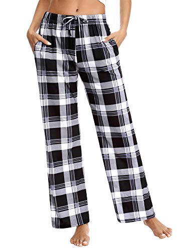 Aibrou Pantalones de Pijama Mujer, Pijama Pantalon Largo Mujer de Cuadros Invierno Suelte Pantalón de Pijama, Pijama Pantalones Mujer de Algodon Cordón para Hogar, Ocio, Deportes, Correr y Yoga