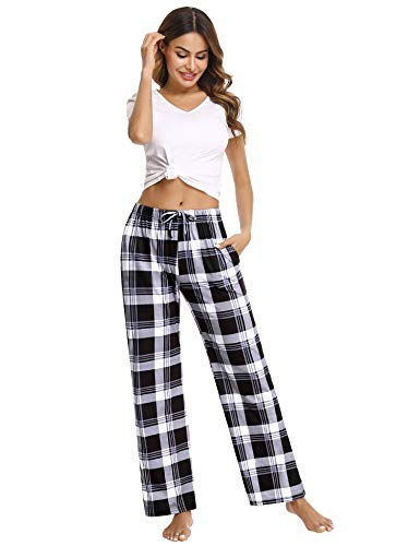 Aibrou Pantalones de Pijama Mujer, Pijama Pantalon Largo Mujer de Cuadros Invierno Suelte Pantalón de Pijama, Pijama Pantalones Mujer de Algodon Cordón para Hogar, Ocio, Deportes, Correr y Yoga