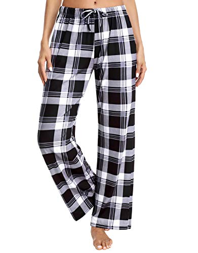 Aibrou Pantalones de Pijama Mujer, Pijama Pantalon Largo Mujer de Cuadros Invierno Suelte Pantalón de Pijama, Pijama Pantalones Mujer de Algodon Cordón para Hogar, Ocio, Deportes, Correr y Yoga