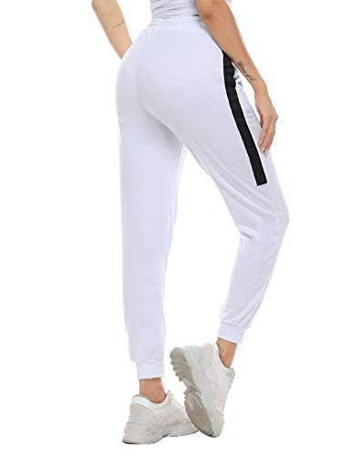 Aibrou Pantalones Deporte Mujer Pantalones Chandal Algodón Pantalón Jogger Yoga Fitnes Pantalones de Punto de Rayas, (Blanco, S)