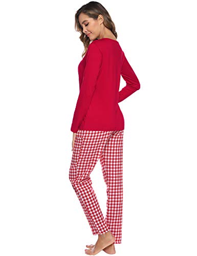 Aibrou Pijama Cuadros Mujer Invierno Dos Piezas,Algodón Camiseta y Pantalones Largos Casual Ropa de Casa Dormir Suave y Comodo S-XXL