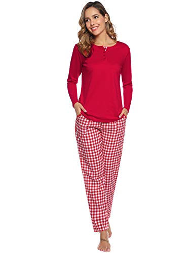 Aibrou Pijama Cuadros Mujer Invierno Dos Piezas,Algodón Camiseta y Pantalones Largos Casual Ropa de Casa Dormir Suave y Comodo S-XXL