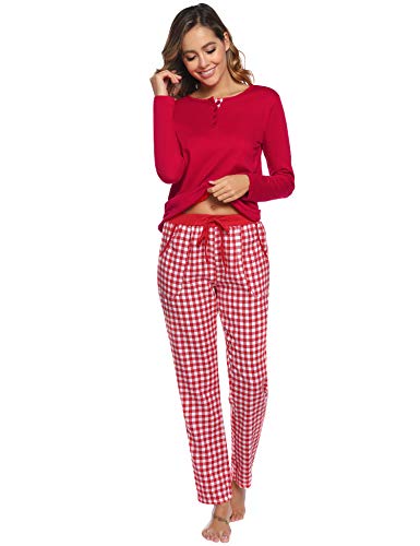 S, Rojo Aibrou Caliente Pantalones de Pijama Mujer Largos Algodon Invierno,Suave Comodo y Suelto 