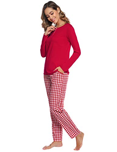 Aibrou Pijama Cuadros Mujer Invierno Dos Piezas,Algodón Camiseta y Pantalones Largos Casual Ropa de Casa Dormir Suave y Comodo S-XXL