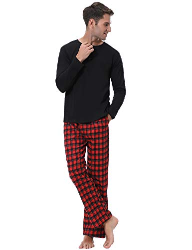 Aibrou Pijama Hombre Algodón Invierno Largo,Pijamas Cuadros Ropa de Dormir Causal Camiseta y Pantalones Cómodo cálido Talla S-XXL