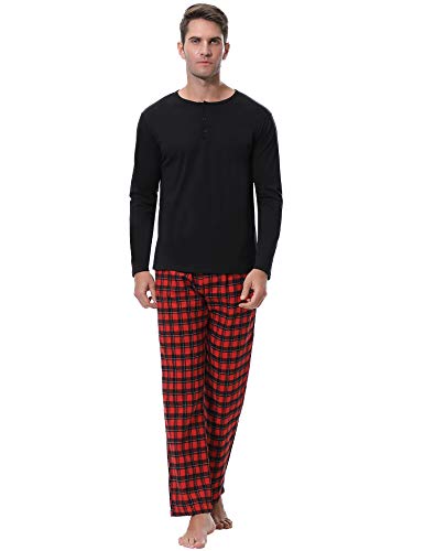 Aibrou Pijama Hombre Algodón Invierno Largo,Pijamas Cuadros Ropa de Dormir Causal Camiseta y Pantalones Cómodo cálido Talla S-XXL