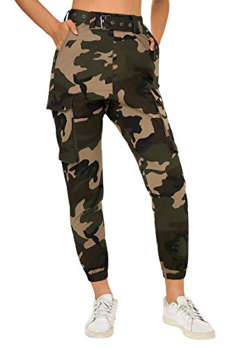 AIDEAONE Pantalones de camuflaje de cintura alta para mujer Color caqui. M