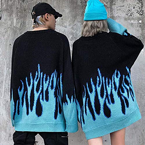 AILIEE F Pareja ins Hip hop Flame Jacquard Suéter Perezoso Viento Suéter de Punto de Manga Larga de la Capa de la Parte inferior del Suéter de la Camiseta