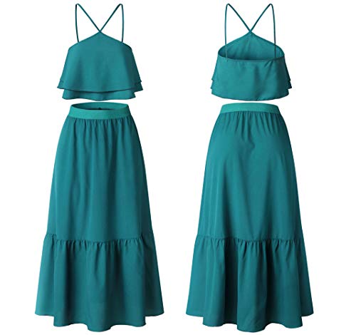 Ajpguot Verano Conjunto de Dos Piezas Largo Falda con Sexy Hoja de Loto Lado Sling Top Mujer Moda Color Sólido Vestido de Playa Sundress (M, Verde)