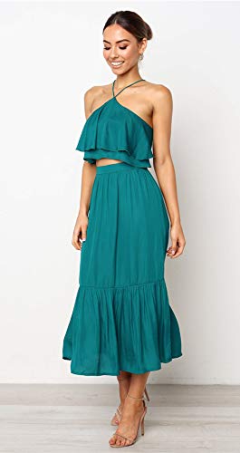 Ajpguot Verano Conjunto de Dos Piezas Largo Falda con Sexy Hoja de Loto Lado Sling Top Mujer Moda Color Sólido Vestido de Playa Sundress (M, Verde)