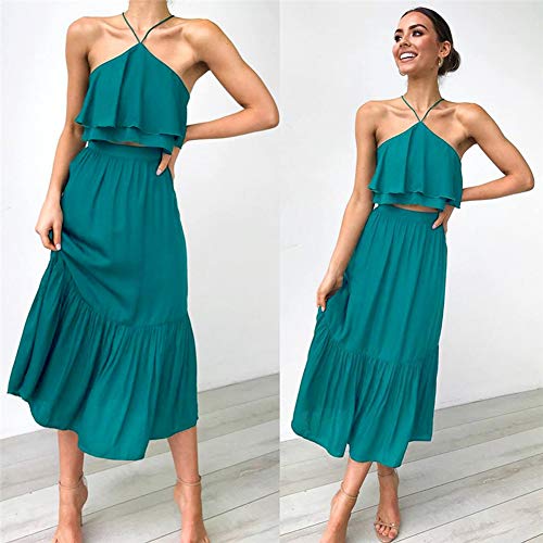 Ajpguot Verano Conjunto de Dos Piezas Largo Falda con Sexy Hoja de Loto Lado Sling Top Mujer Moda Color Sólido Vestido de Playa Sundress (M, Verde)