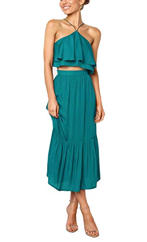 Ajpguot Verano Conjunto de Dos Piezas Largo Falda con Sexy Hoja de Loto Lado Sling Top Mujer Moda Color Sólido Vestido de Playa Sundress (M, Verde)