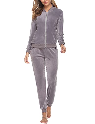 Akalnny Chándal Conjunto Mujer de Terciopelo Informal Pijamas Trajes Chaquetas de Manga Larga con Cremallera + Pantalones de Cintura Alta Gris