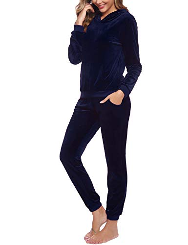 Akalnny Chándal Conjunto Mujer de Terciopelo Informal Sudadera de Manga Larga con Capucha + Pantalones de Cintura Alta Trajes Azul Marino