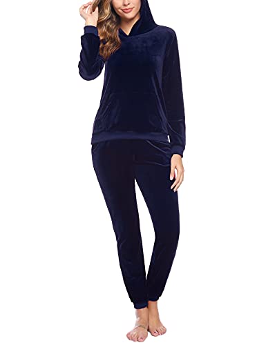 Akalnny Chándal Conjunto Mujer de Terciopelo Informal Sudadera de Manga Larga con Capucha + Pantalones de Cintura Alta Trajes Azul Marino