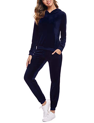 Akalnny Chándal Conjunto Mujer de Terciopelo Informal Sudadera de Manga Larga con Capucha + Pantalones de Cintura Alta Trajes Azul Marino