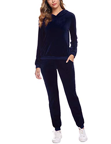 Akalnny Chándal Conjunto Mujer de Terciopelo Informal Sudadera de Manga Larga con Capucha + Pantalones de Cintura Alta Trajes Azul Marino