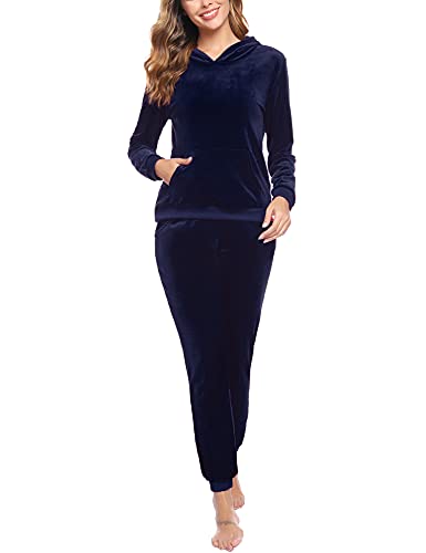 Akalnny Chándal Conjunto Mujer de Terciopelo Informal Sudadera de Manga Larga con Capucha + Pantalones de Cintura Alta Trajes Azul Marino