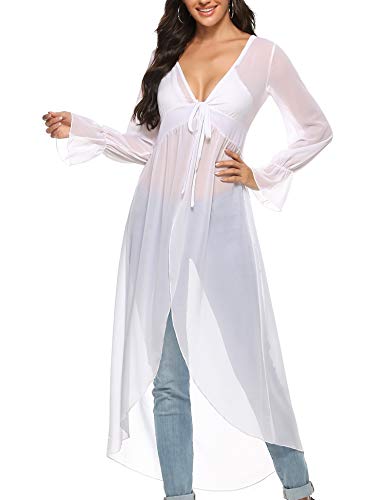 Akalnny Mujer Cárdigan Largo Elegante con Manga Larga Dobladillo Irregular Chaqueta de Gasa Drapeado para Vacaciones Fiesta Playa(Blanco, S)