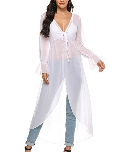 Akalnny Mujer Cárdigan Largo Elegante con Manga Larga Dobladillo Irregular Chaqueta de Gasa Drapeado para Vacaciones Fiesta Playa(Blanco, S)