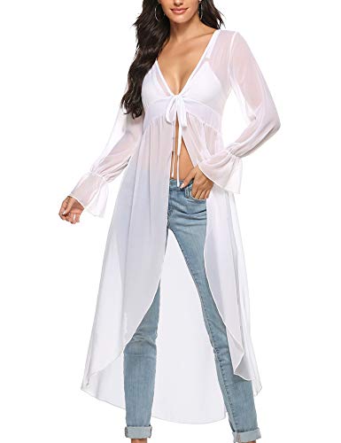 Akalnny Mujer Cárdigan Largo Elegante con Manga Larga Dobladillo Irregular Chaqueta de Gasa Drapeado para Vacaciones Fiesta Playa(Blanco, S)